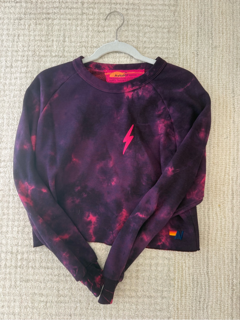 Aviator Nation Purple & Hot Pink Tie-Dye Lightning Bolt Cropped Sweatshirt